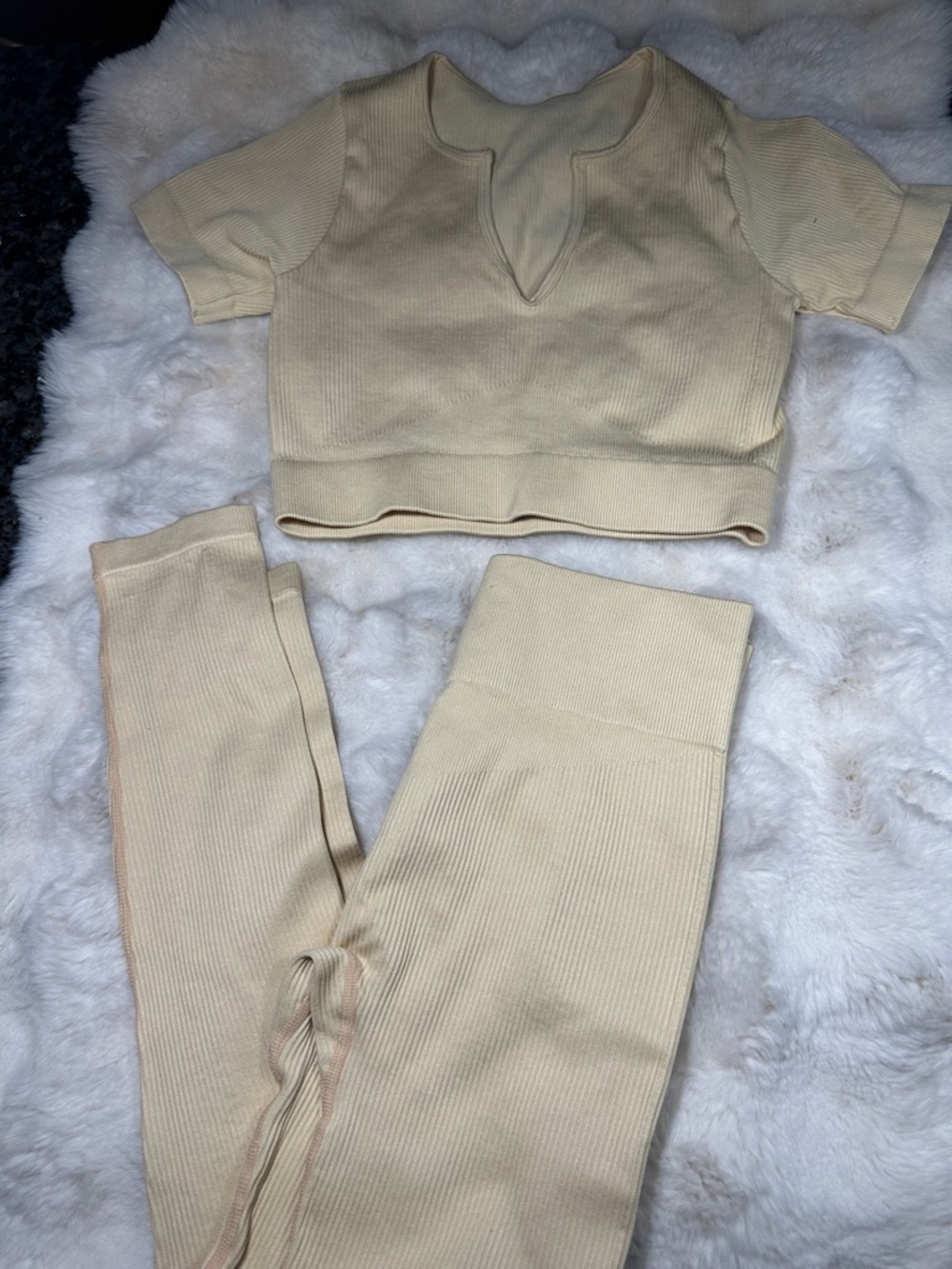 Ribbed Two-Piece Crop Top & High-Waist Leggings Set - Cream